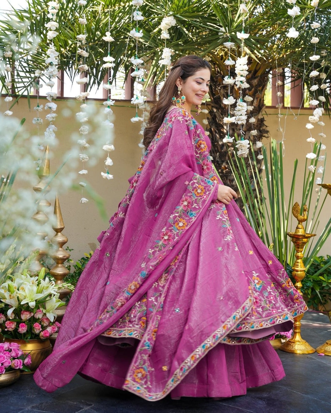 Dusty Rose Silk Gown Suit Set – Multi Embroidery & Sequin Work (3 PCS)
