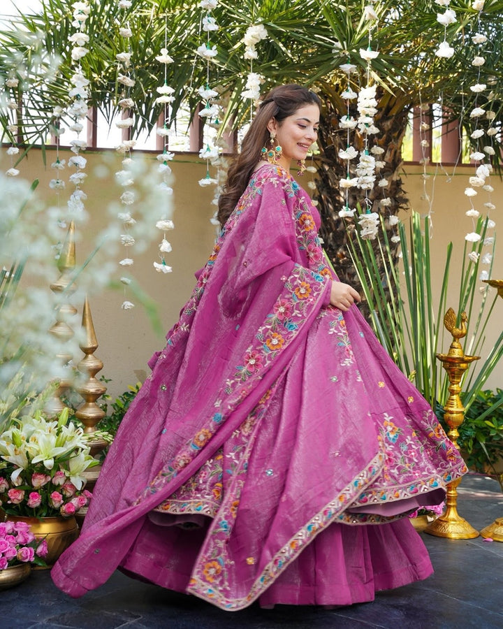 Dusty Rose Silk Gown Suit Set – Multi Embroidery & Sequin Work (3 PCS)