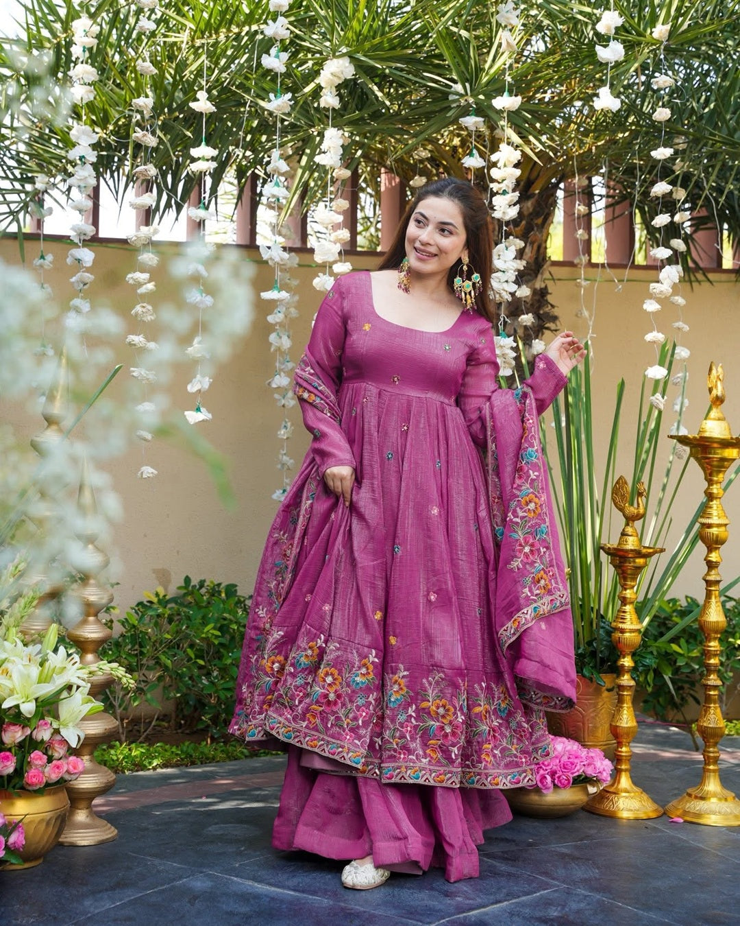 Dusty Rose Silk Gown Suit Set – Multi Embroidery & Sequin Work (3 PCS)