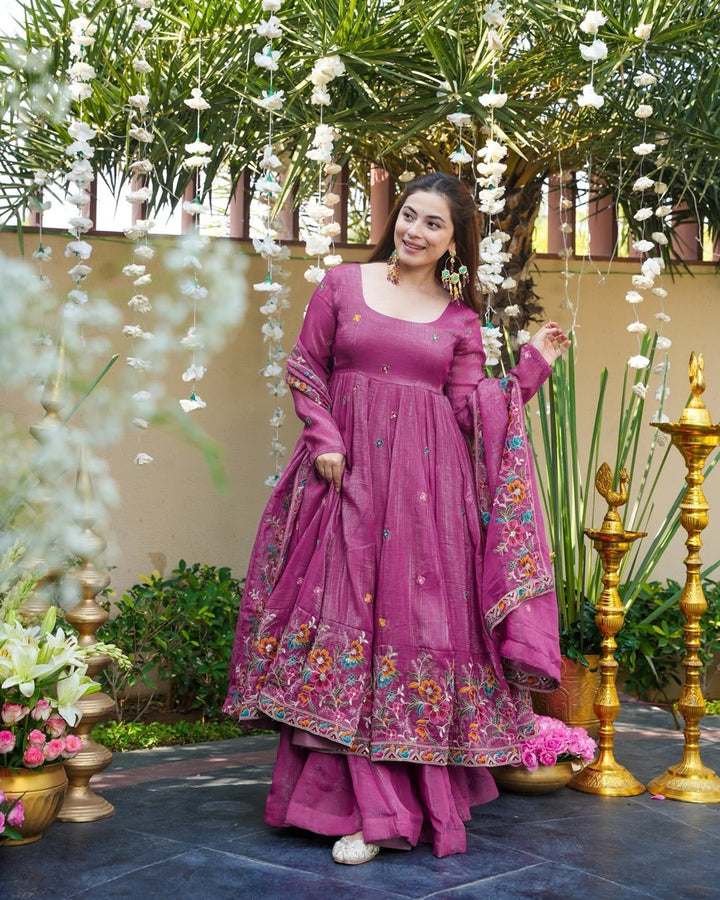 Dusty Rose Silk Gown Suit Set – Multi Embroidery & Sequin Work (3 PCS)