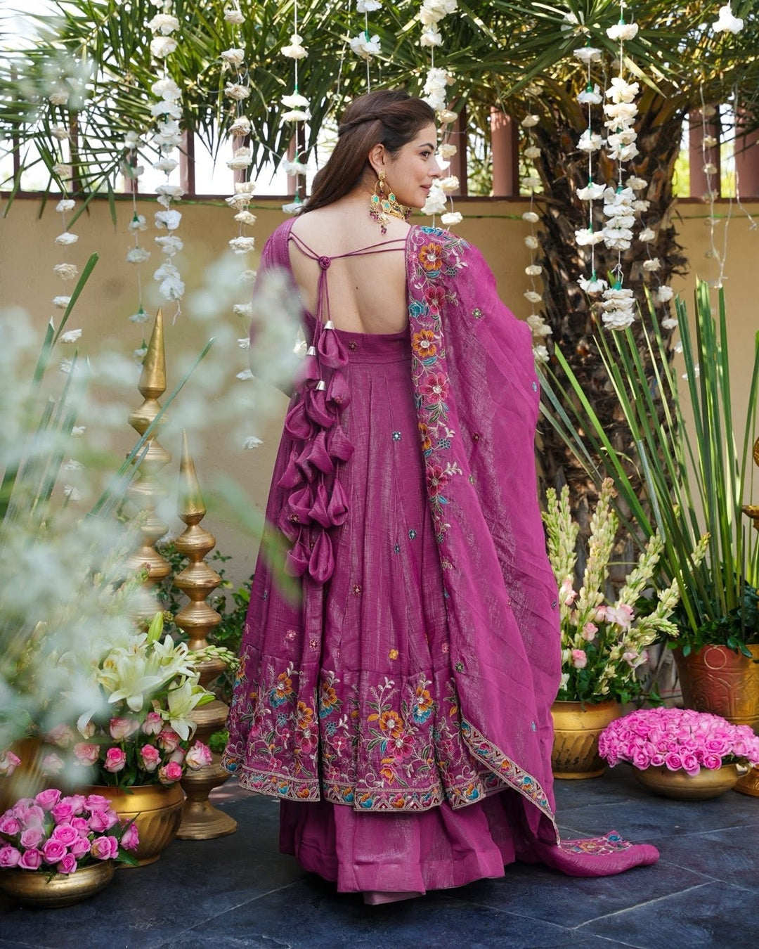 Dusty Rose Silk Gown Suit Set – Multi Embroidery & Sequin Work (3 PCS)
