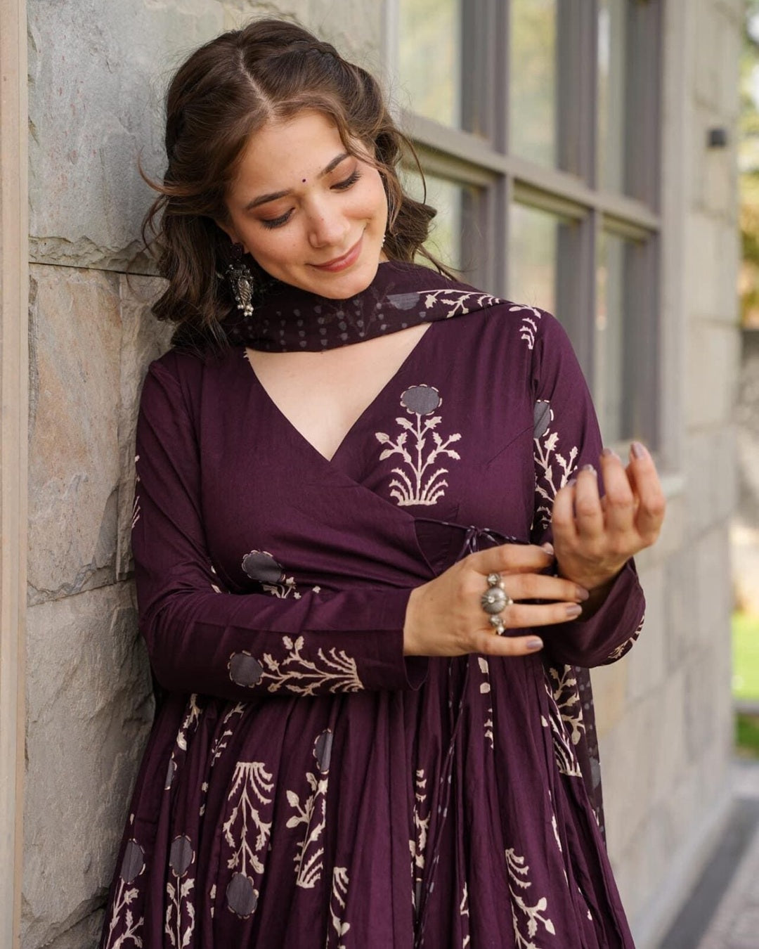 Wine Digital Print Maslin Suit with Blooming Dupatta