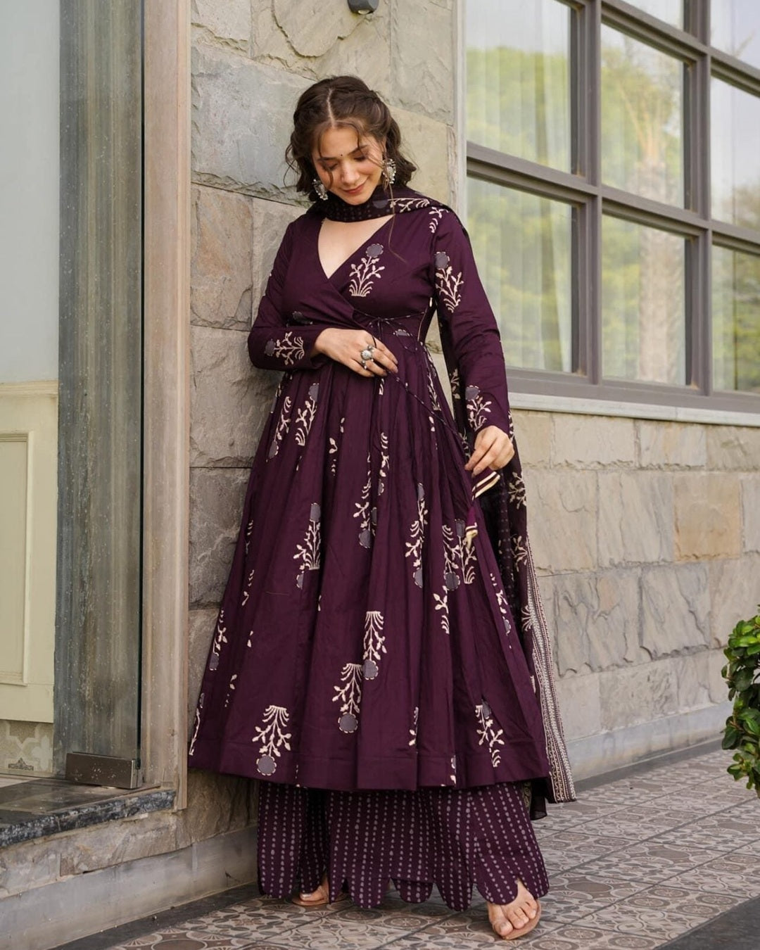 Wine Digital Print Maslin Suit with Blooming Dupatta