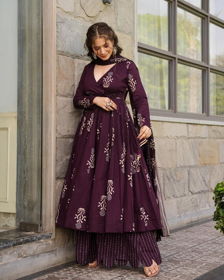 Wine Digital Print Maslin Suit with Blooming Dupatta