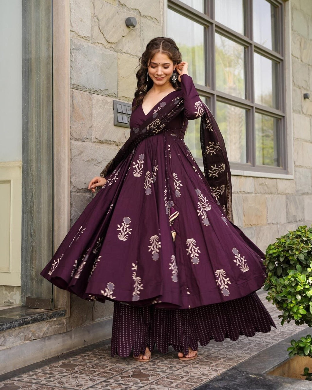 Wine Digital Print Maslin Suit with Blooming Dupatta