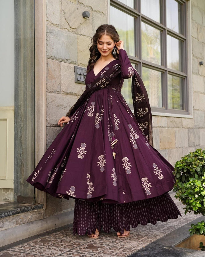 Wine Digital Print Maslin Suit with Blooming Dupatta