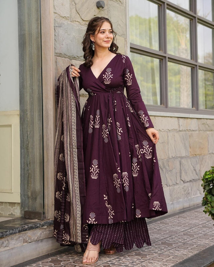 Wine Digital Print Maslin Suit with Blooming Dupatta