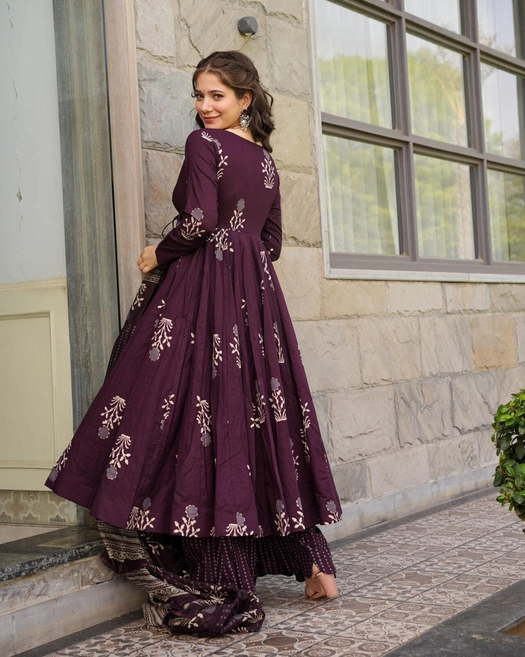 Wine Digital Print Maslin Suit with Blooming Dupatta
