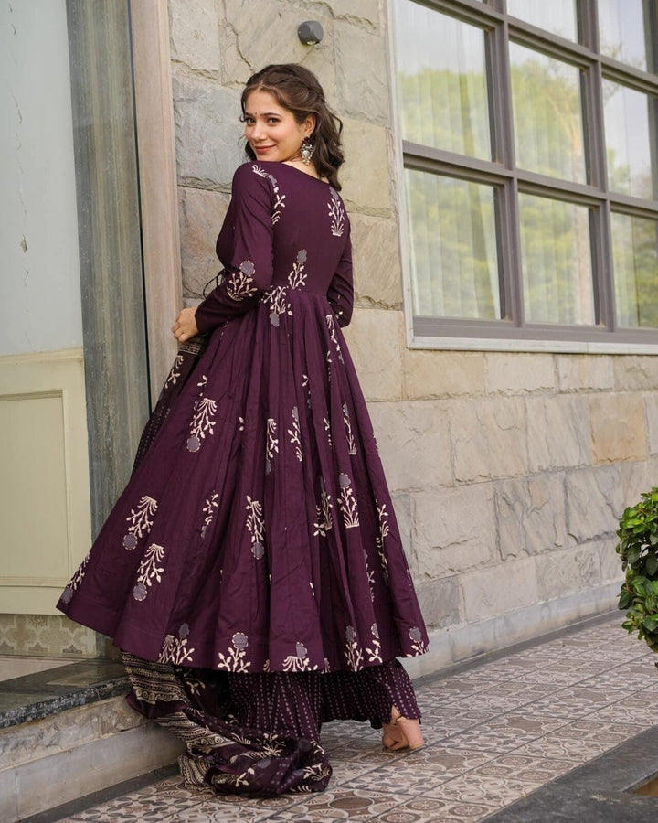 Wine Digital Print Maslin Suit with Blooming Dupatta