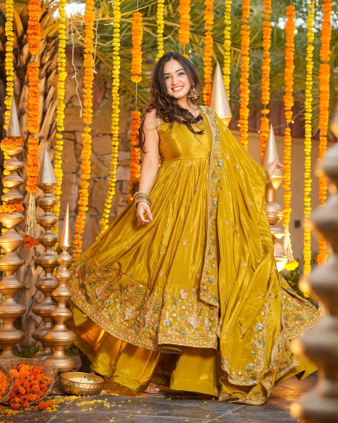 Yellow Silk Anarkali Set with Multi Embroidery & Sequin Work – 3 Piece Festive Wear