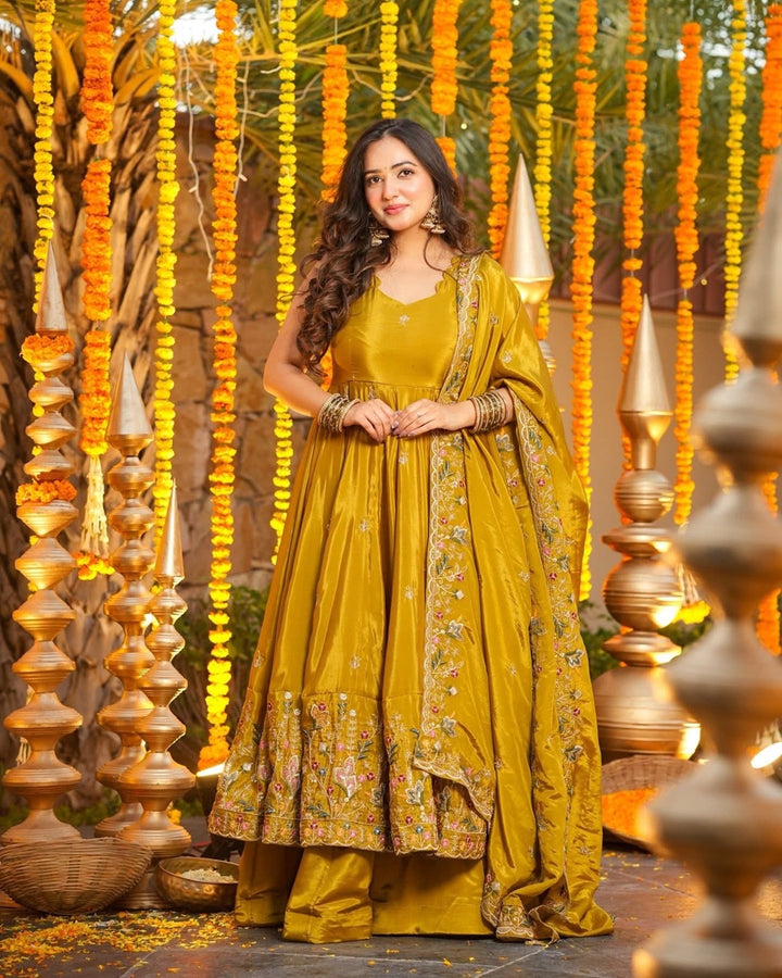 Yellow Silk Anarkali Set with Multi Embroidery & Sequin Work – 3 Piece Festive Wear