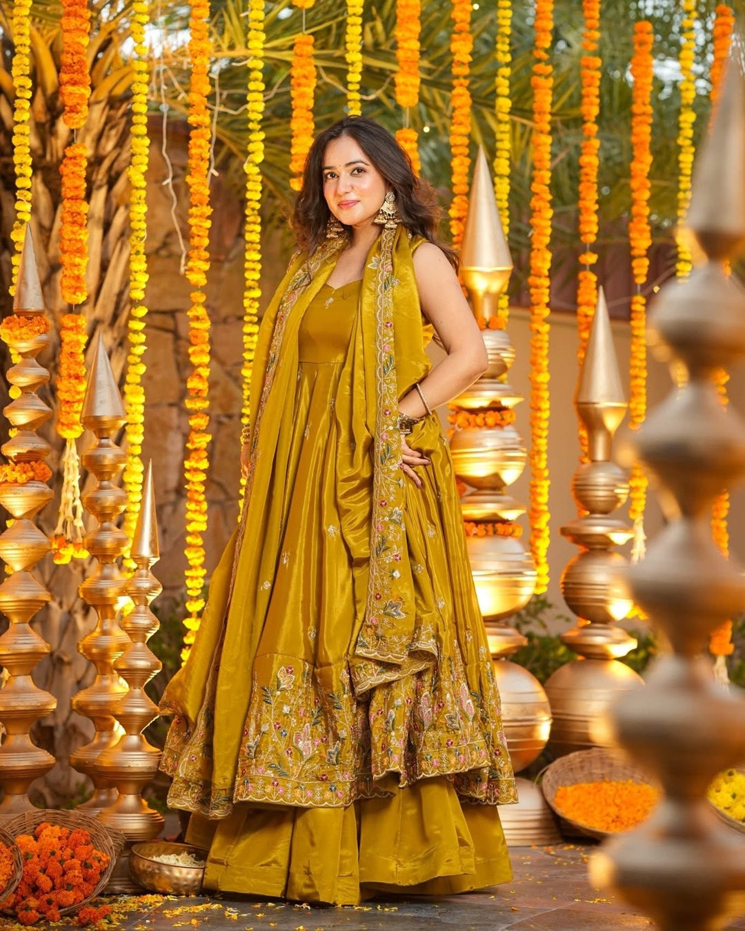 Yellow Silk Anarkali Set with Multi Embroidery & Sequin Work – 3 Piece Festive Wear