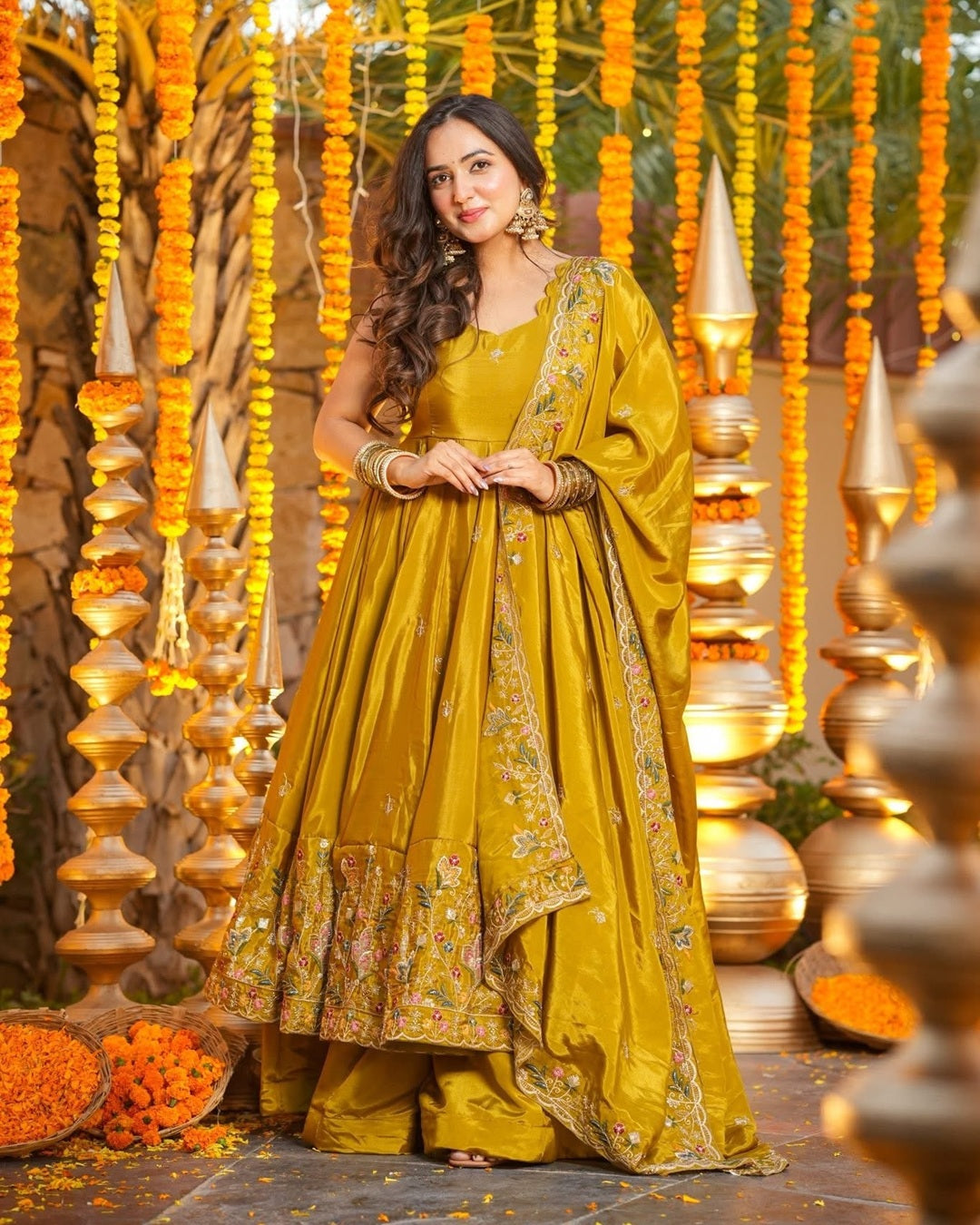 Yellow Silk Anarkali Set with Multi Embroidery & Sequin Work – 3 Piece Festive Wear