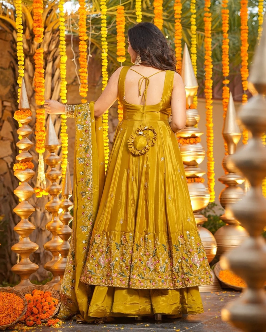 Yellow Silk Anarkali Set with Multi Embroidery & Sequin Work – 3 Piece Festive Wear