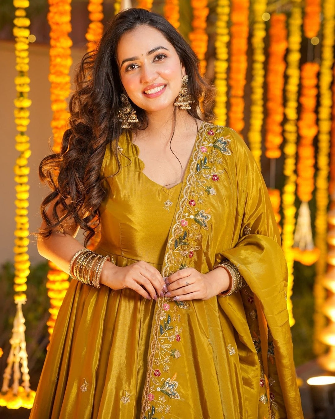 Yellow Silk Anarkali Set with Multi Embroidery & Sequin Work – 3 Piece Festive Wear