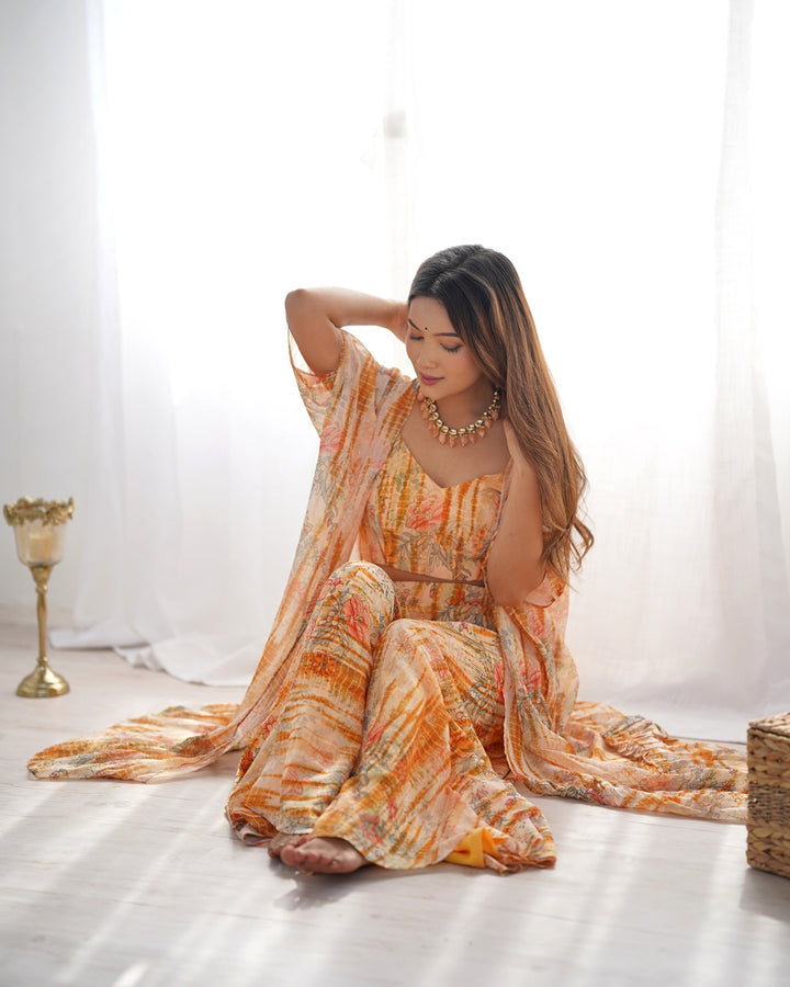 Cream Color Soft Georgette Printed Palazzo Suit | Elegant Ethnic Wear