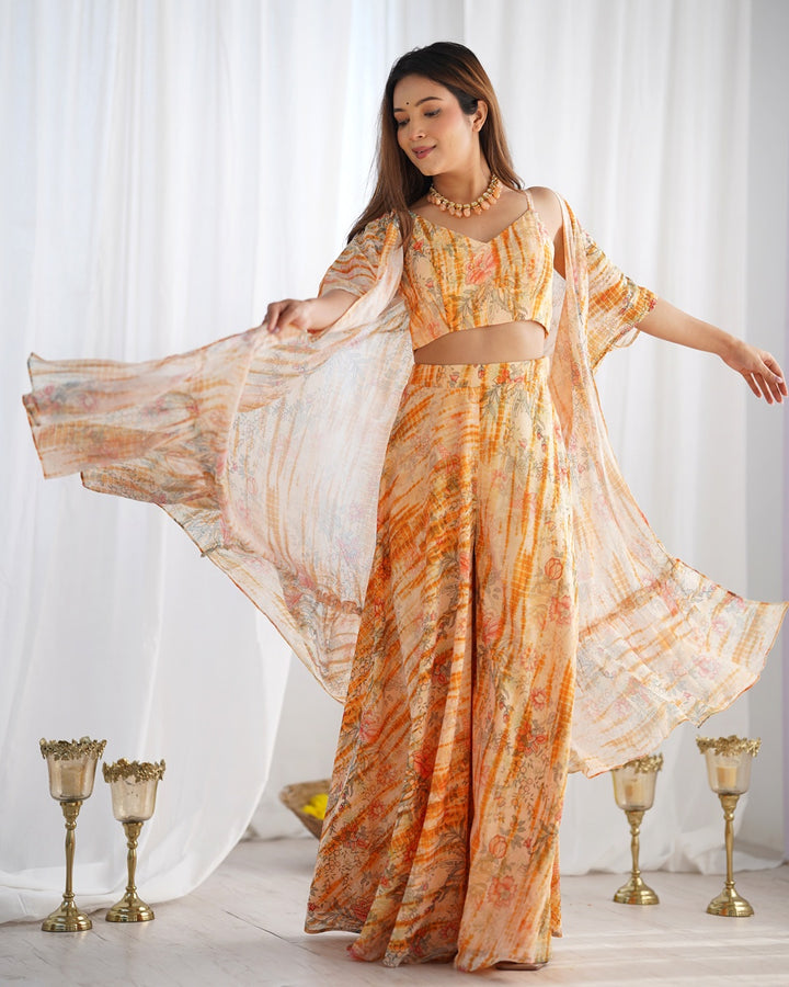 Cream Color Soft Georgette Printed Palazzo Suit | Elegant Ethnic Wear