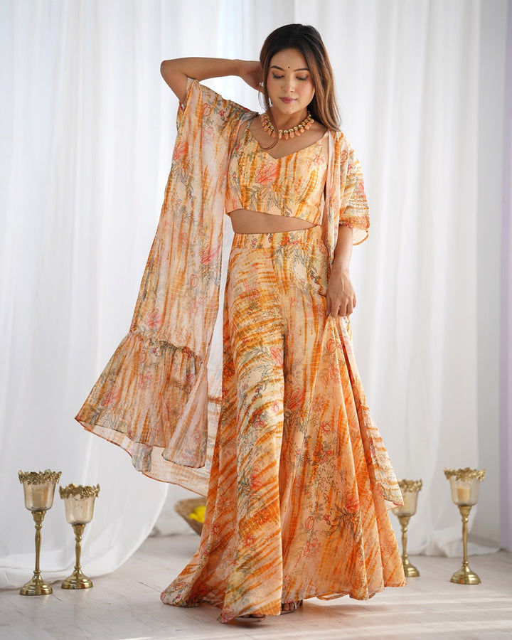 Cream Color Soft Georgette Printed Palazzo Suit | Elegant Ethnic Wear