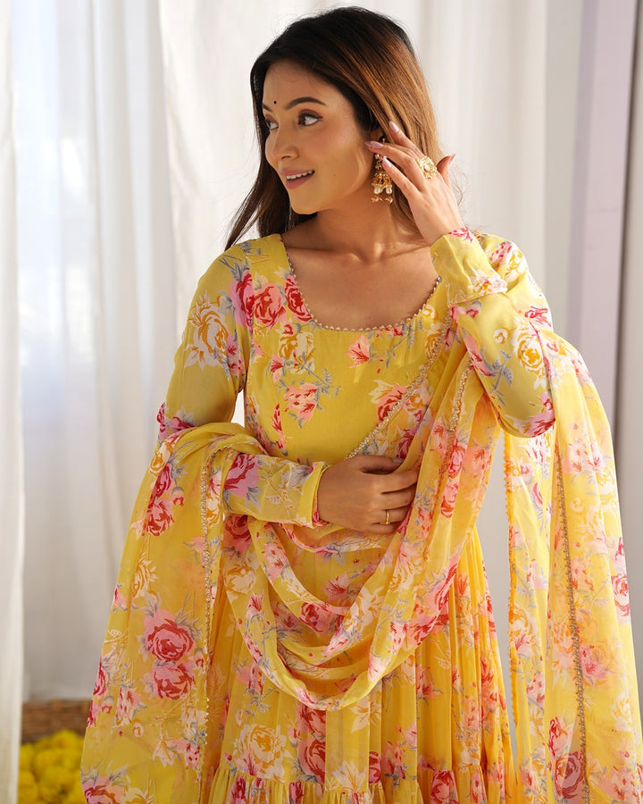 Yellow Color Georgette Three Layer Ruffle Style Anarkali Suit