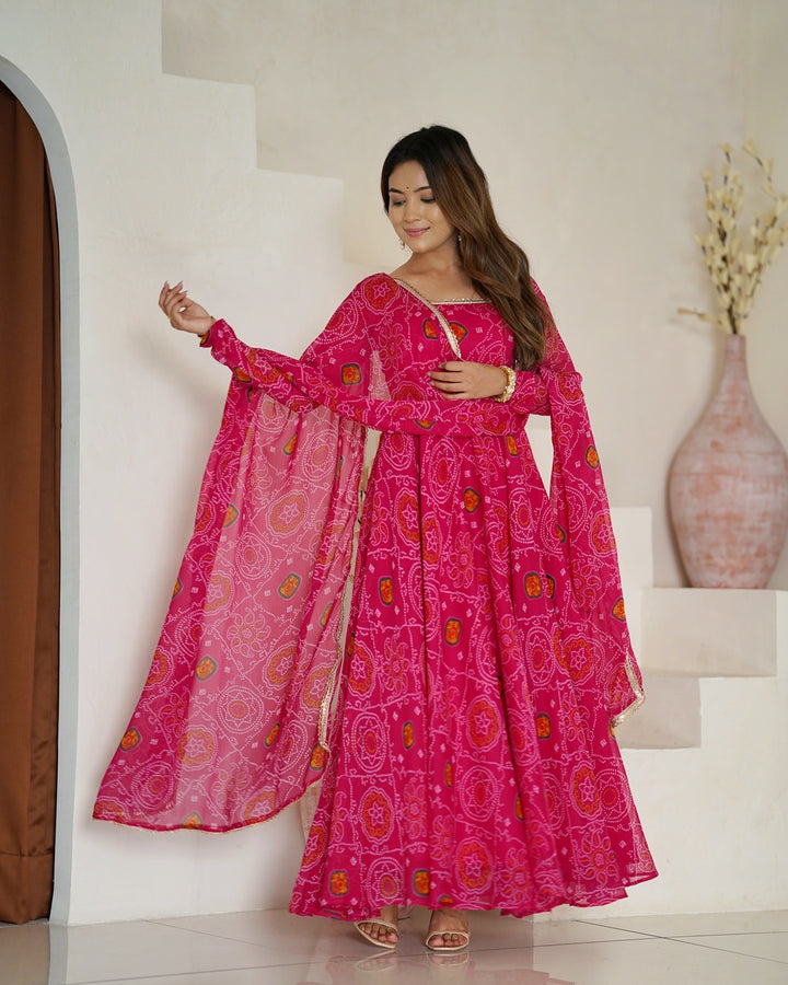 Rani Pink Color Bandhej Print Soft Chiffon Anarkali Gown