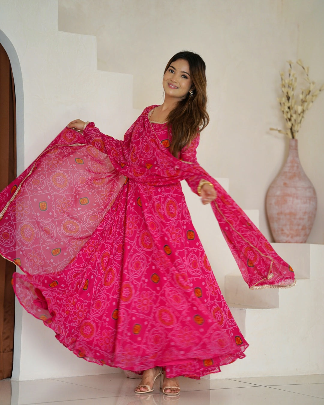 Rani Pink Color Bandhej Print Soft Chiffon Anarkali Gown