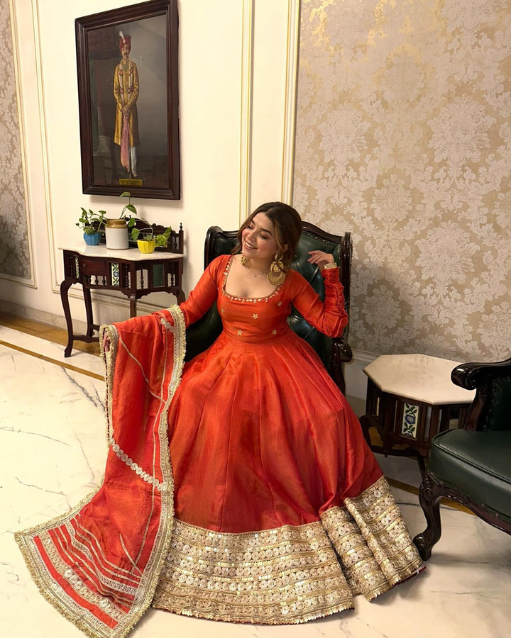 Neha Bhandari Elegant  Rust Orange Chinon Anarkali Suit Set – Festive Designer Wear