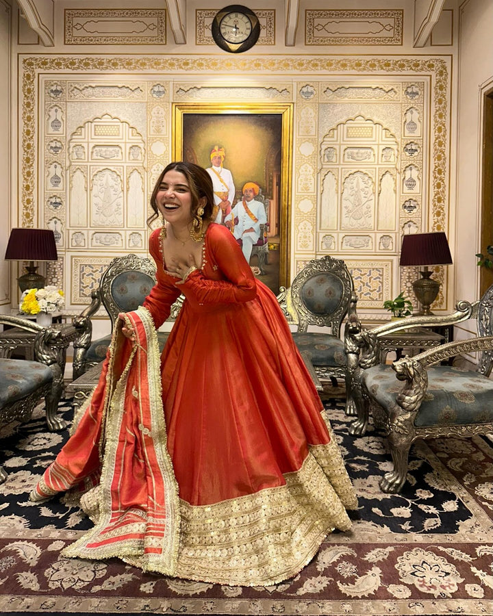 Neha Bhandari Elegant  Rust Orange Chinon Anarkali Suit Set – Festive Designer Wear