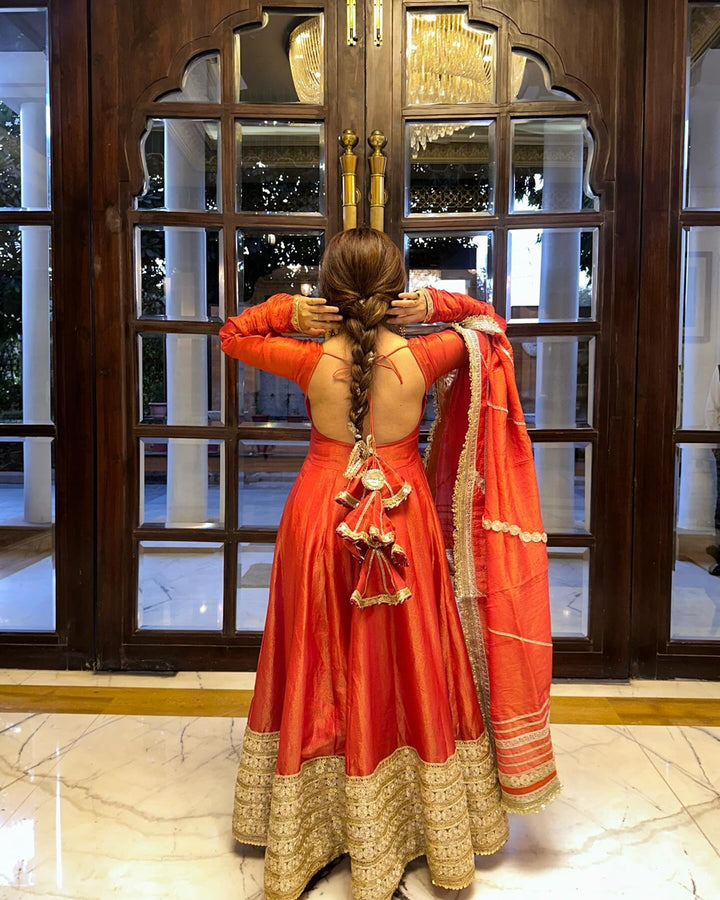 Neha Bhandari Elegant  Rust Orange Chinon Anarkali Suit Set – Festive Designer Wear