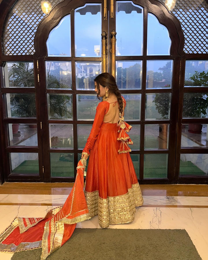 Neha Bhandari Elegant  Rust Orange Chinon Anarkali Suit Set – Festive Designer Wear