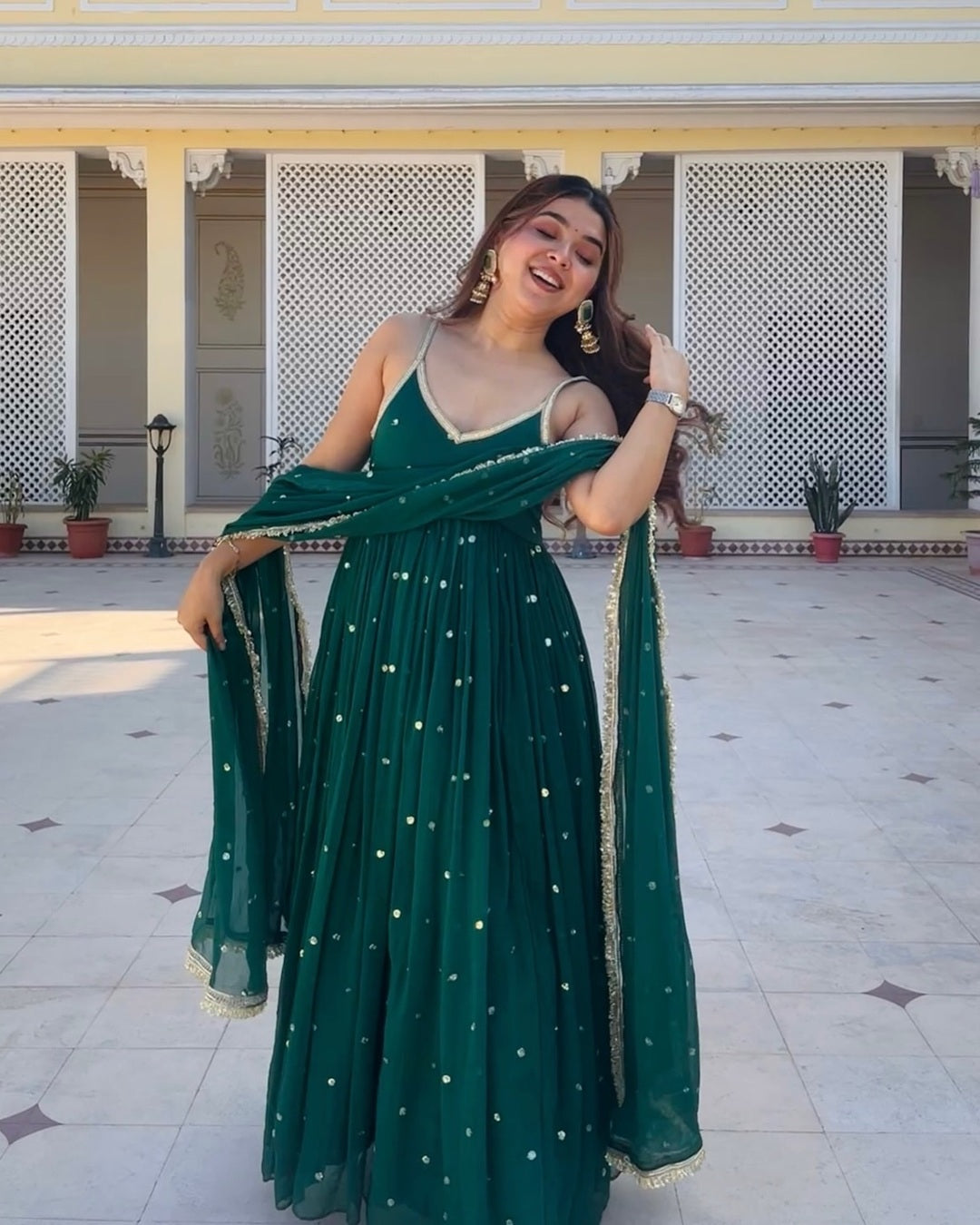 Green Faux Blooming Anarkali Set – Designer Festive Wear