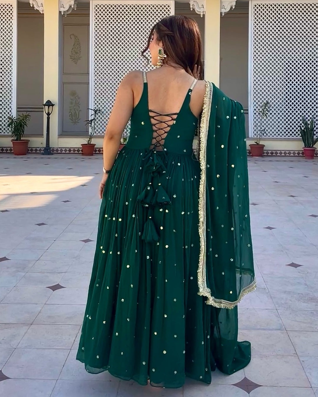 Green Faux Blooming Anarkali Set – Designer Festive Wear