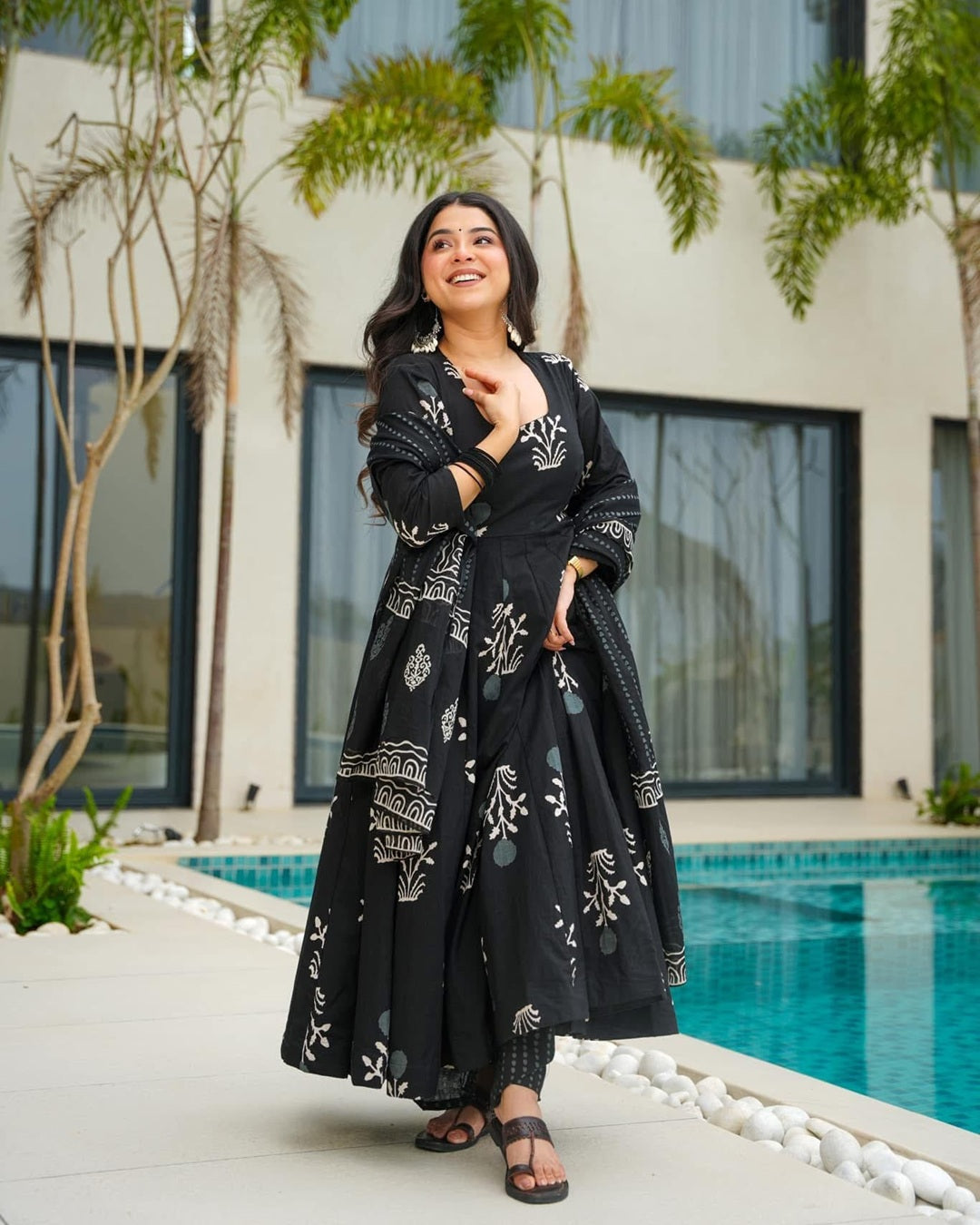 Black Digital Print Maslin Suit with Blooming Dupatta