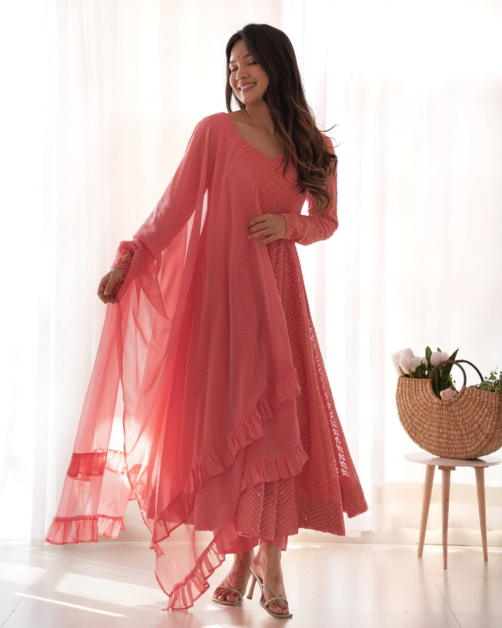 Dark Peach Color Georgette Lucknowi Three Piece Anarkali Suit