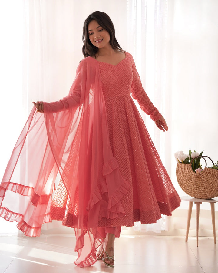 Dark Peach Color Georgette Lucknowi Three Piece Anarkali Suit