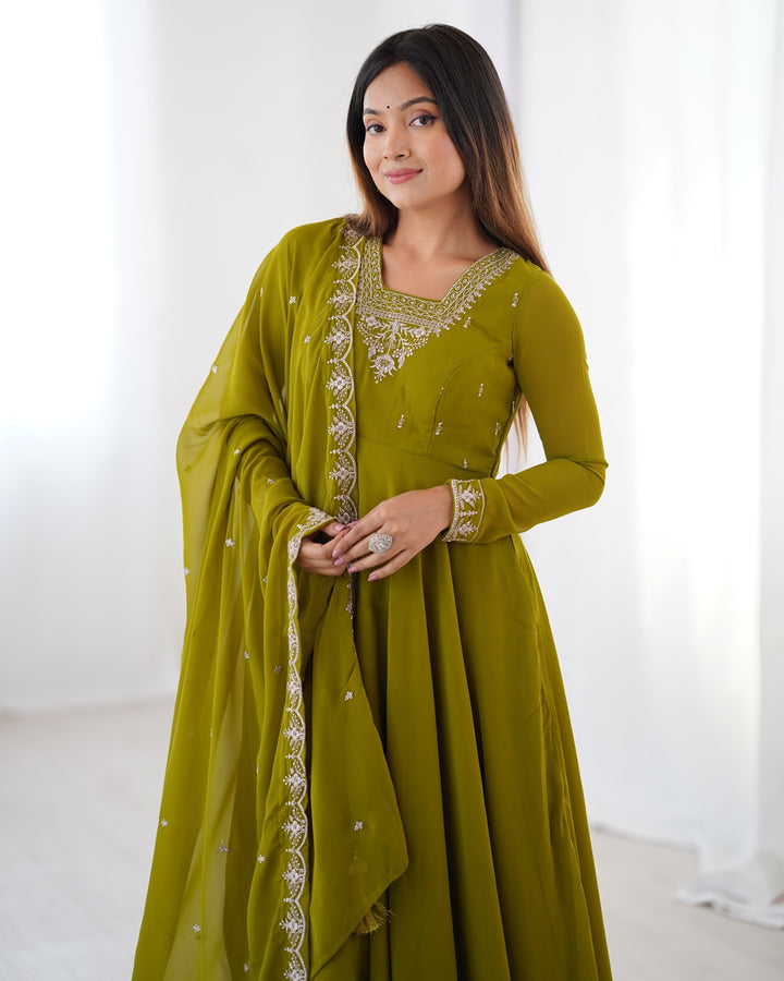 Mehndi Green Georgette Anarkali Set with Pants & Dupatta