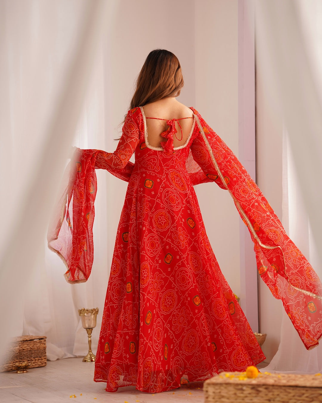Red Color Bandhej Print Soft Chiffon Anarkali Gown