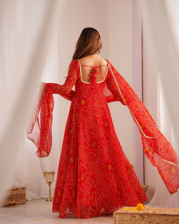 Red Color Bandhej Print Soft Chiffon Anarkali Gown