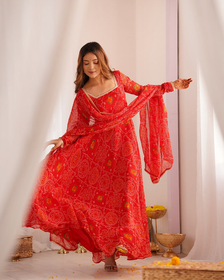 Red Color Bandhej Print Soft Chiffon Anarkali Gown