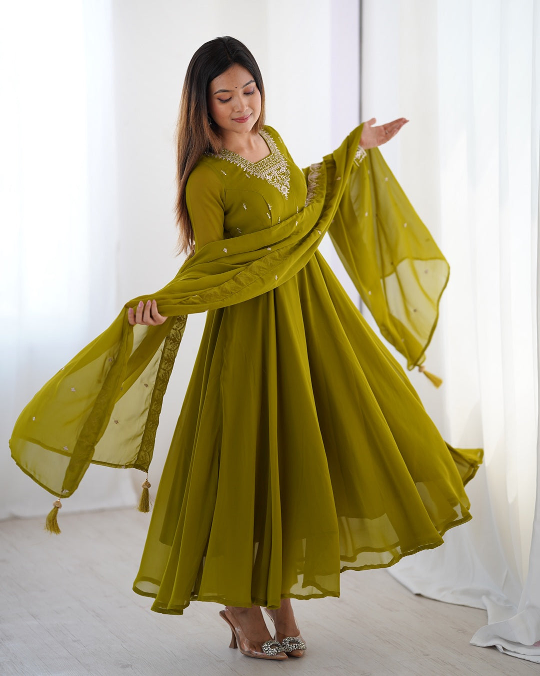 Mehndi Green Georgette Anarkali Set with Pants & Dupatta