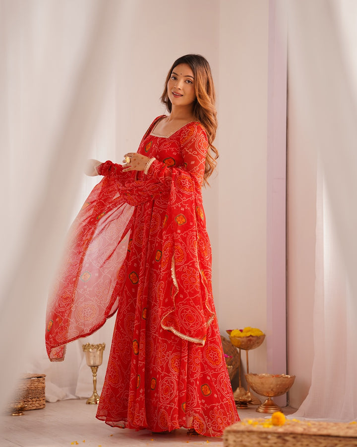 Red Color Bandhej Print Soft Chiffon Anarkali Gown