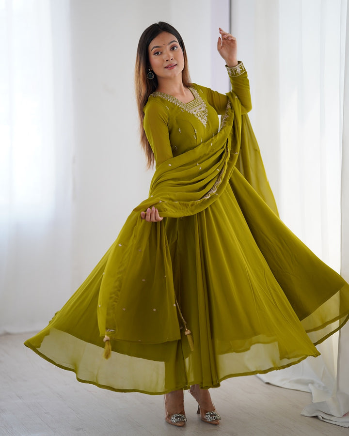 Mehndi Green Georgette Anarkali Set with Pants & Dupatta