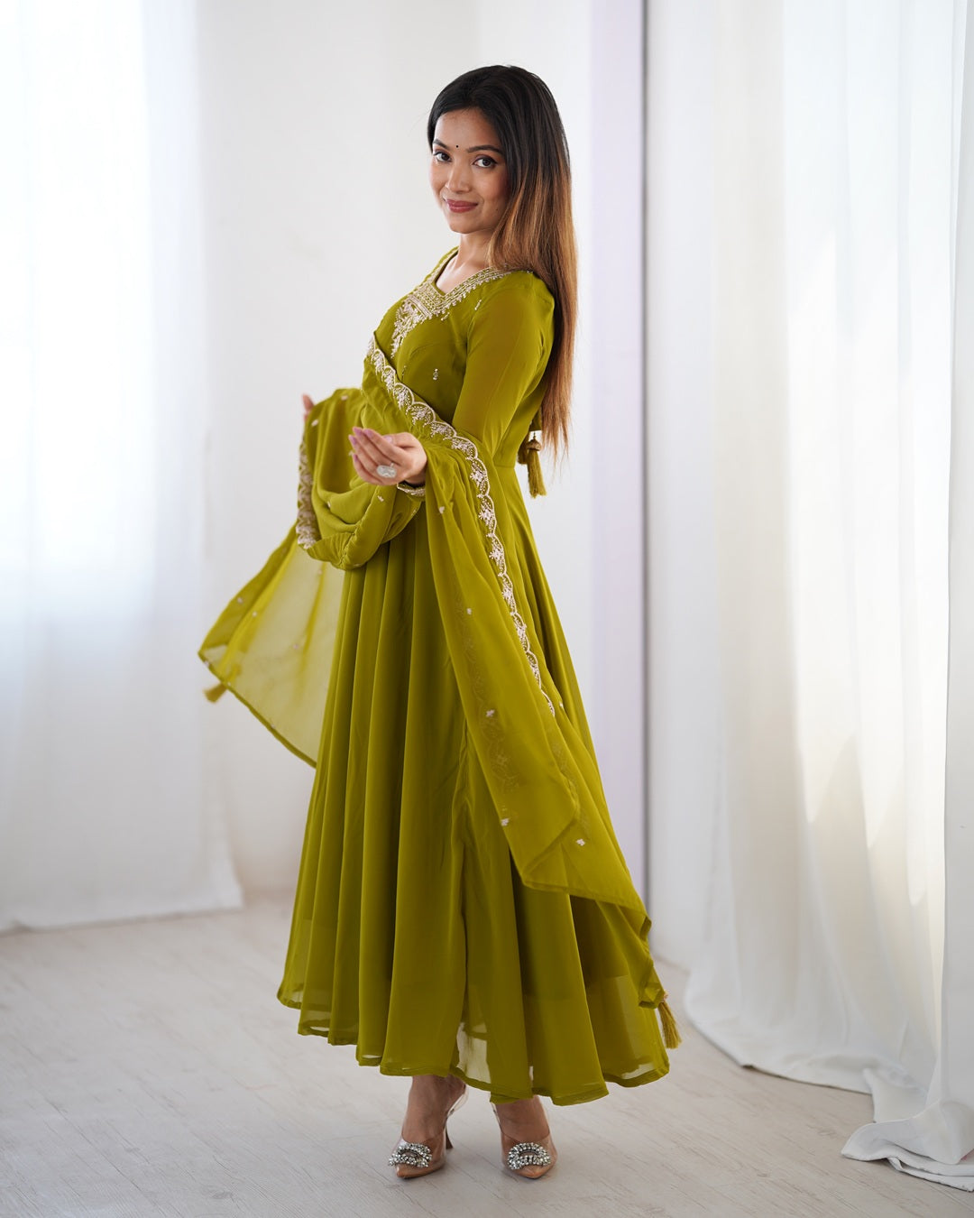 Mehndi Green Georgette Anarkali Set with Pants & Dupatta