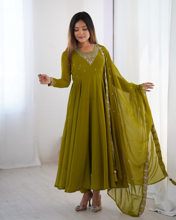Mehndi Green Georgette Anarkali Set with Pants & Dupatta