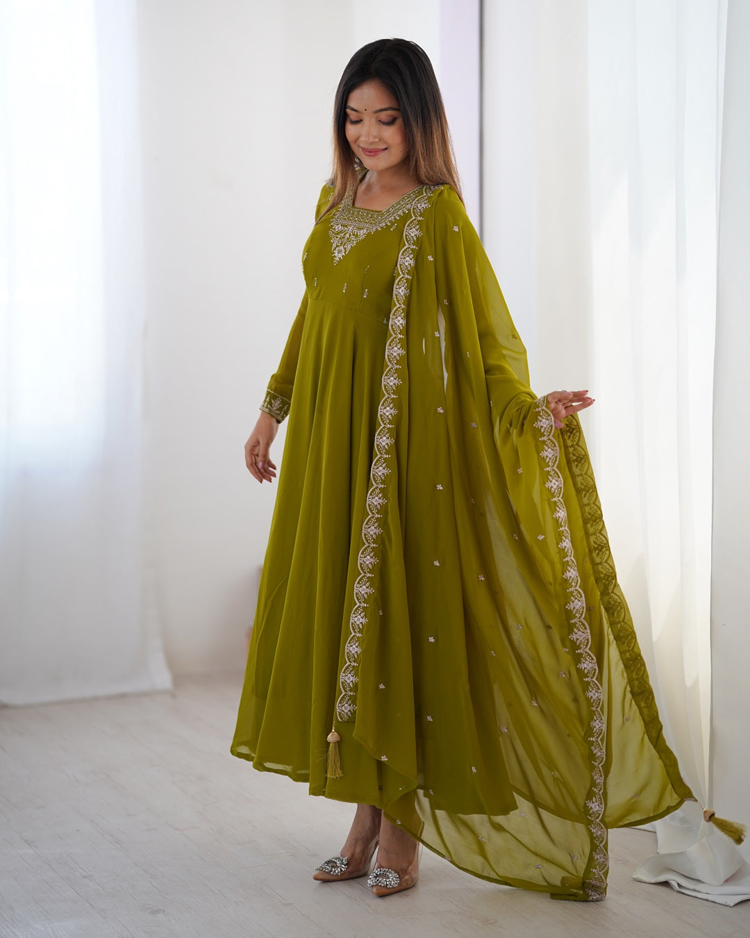 Mehndi Green Georgette Anarkali Set with Pants & Dupatta