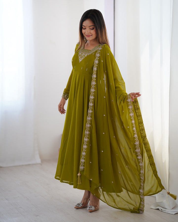 Mehndi Green Georgette Anarkali Set with Pants & Dupatta