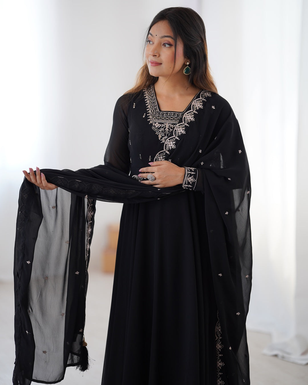 Black Georgette Anarkali Set with Pants & Dupatta