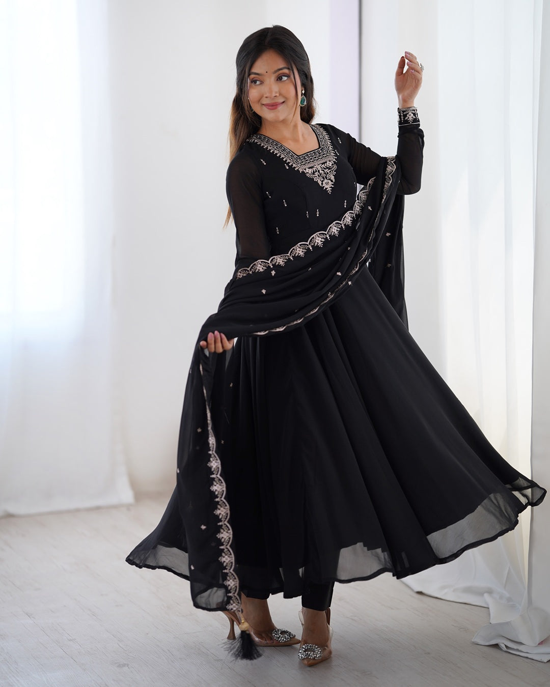 Black Georgette Anarkali Set with Pants & Dupatta