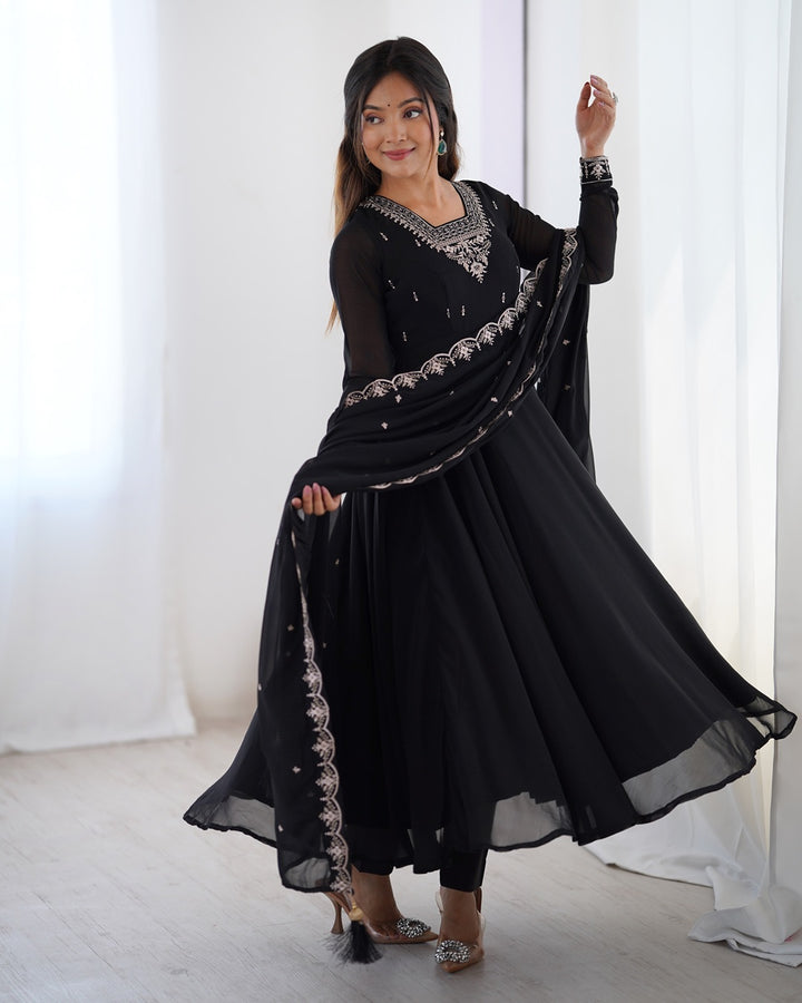 Black Georgette Anarkali Set with Pants & Dupatta