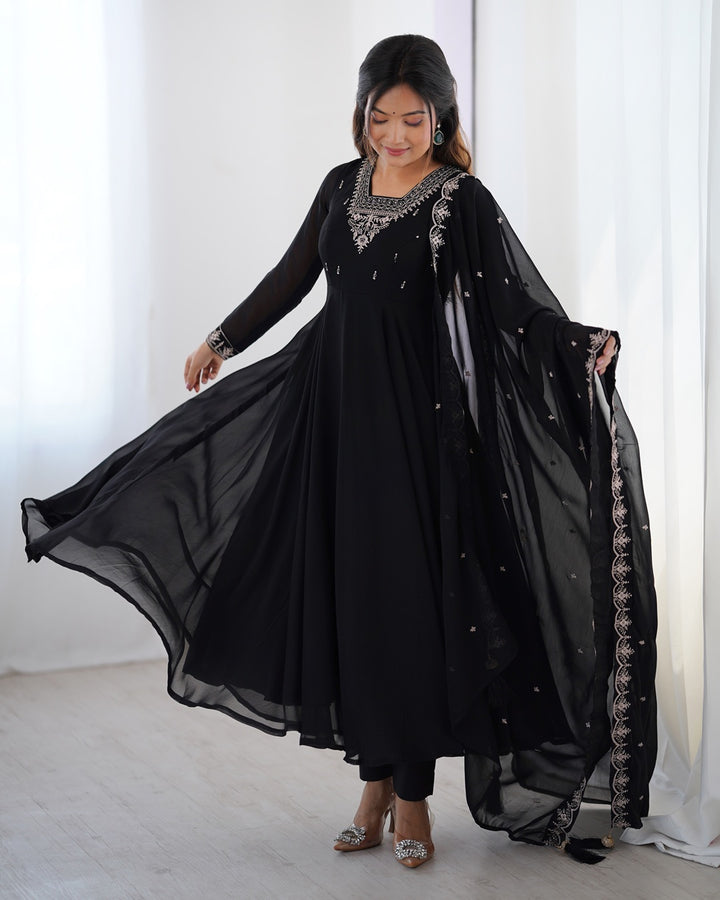 Black Georgette Anarkali Set with Pants & Dupatta