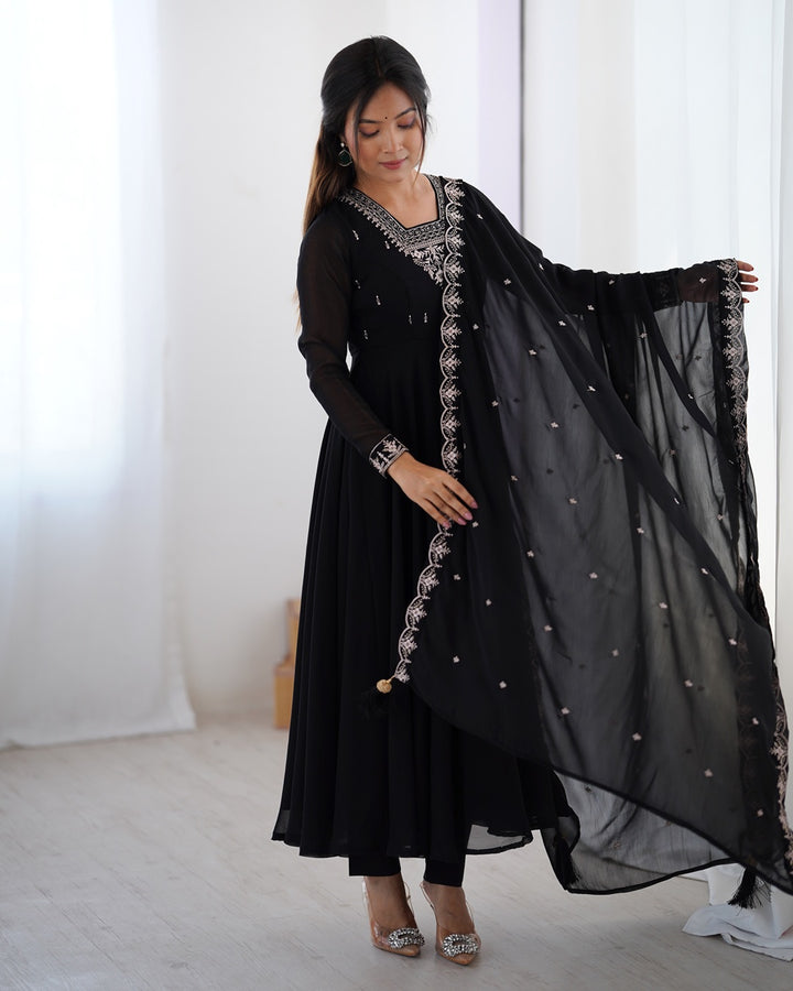 Black Georgette Anarkali Set with Pants & Dupatta